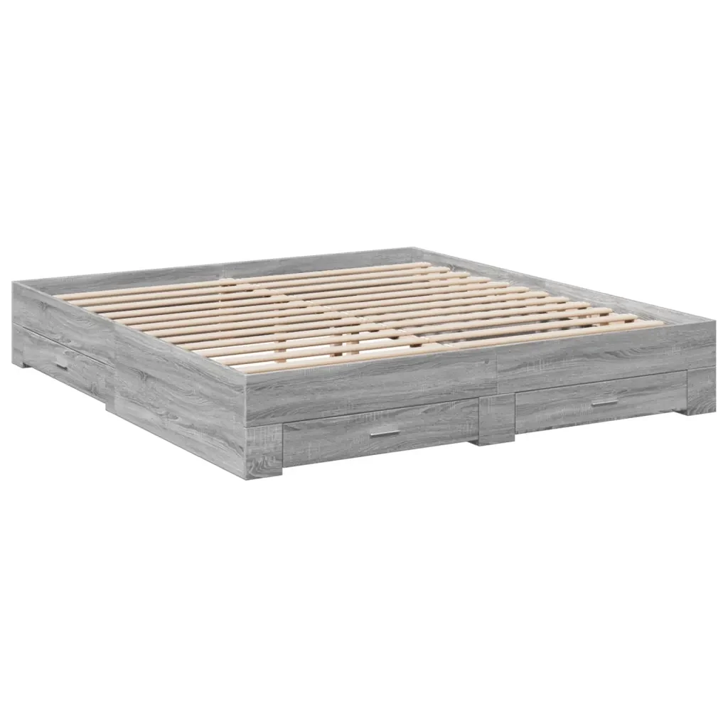 Letto matrimoniale | Letto per adulti | Giroletto Cassetti Grigio Sonoma 200x200 cm Legno Multistrato - Image 4