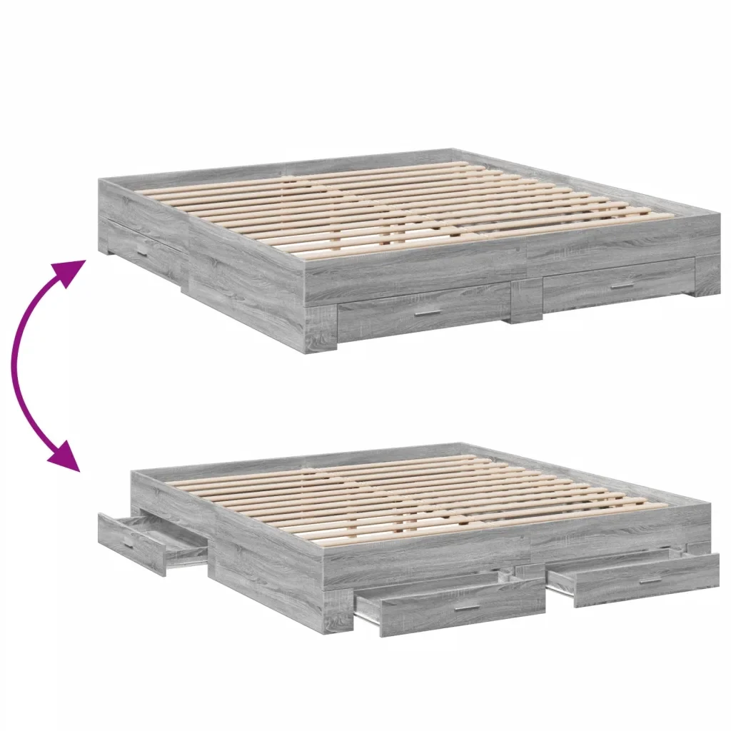 Letto matrimoniale | Letto per adulti | Giroletto Cassetti Grigio Sonoma 200x200 cm Legno Multistrato - Image 7
