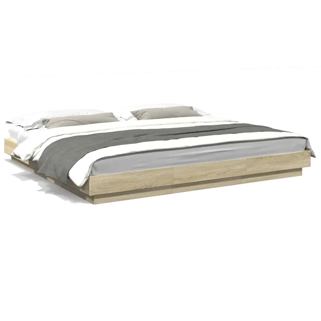 Letto matrimoniale | Letto per adulti | Giroletto Cassetti Luci LED Sonoma 200x200 cm Legno Multistrato