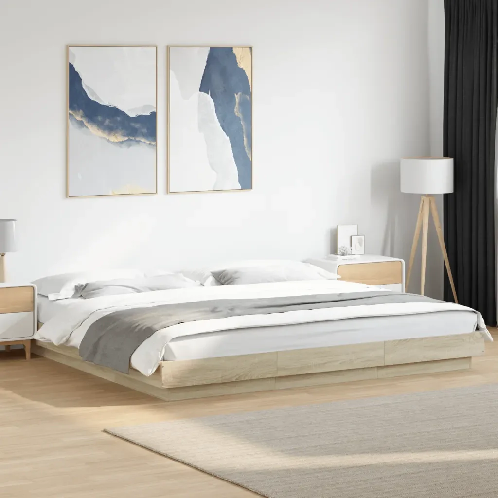 Letto matrimoniale | Letto per adulti | Giroletto Cassetti Luci LED Sonoma 200x200 cm Legno Multistrato - Image 2