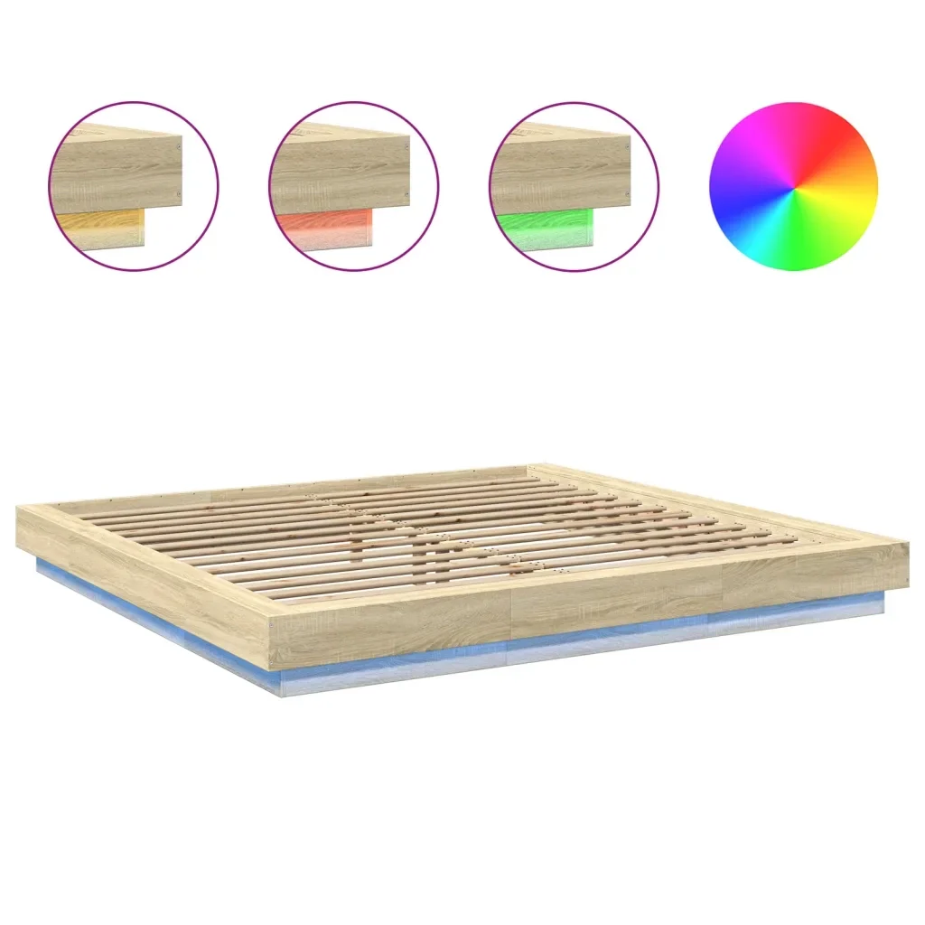 Letto matrimoniale | Letto per adulti | Giroletto Cassetti Luci LED Sonoma 200x200 cm Legno Multistrato - Image 8