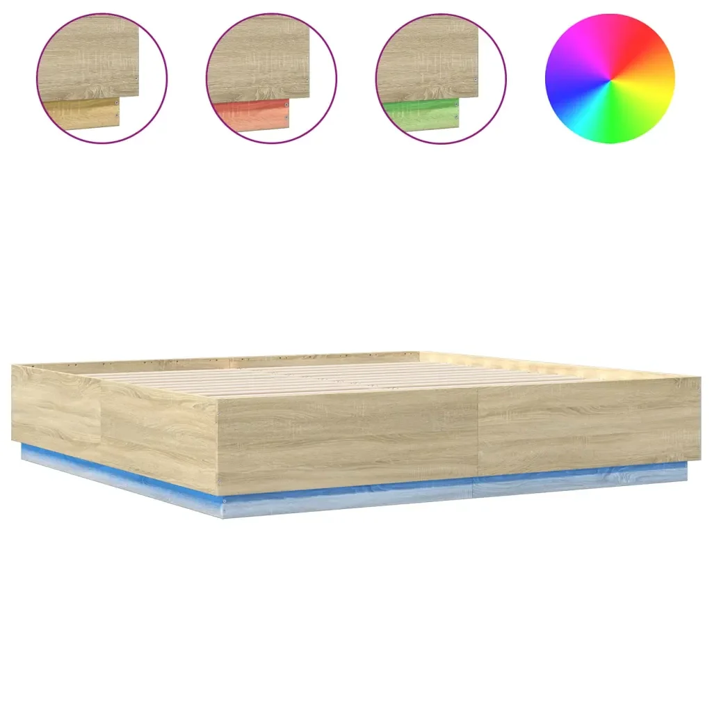 Letto matrimoniale | Letto per adulti | Giroletto Cassetti Luci LED Sonoma 200x200 cm Legno Multistrato