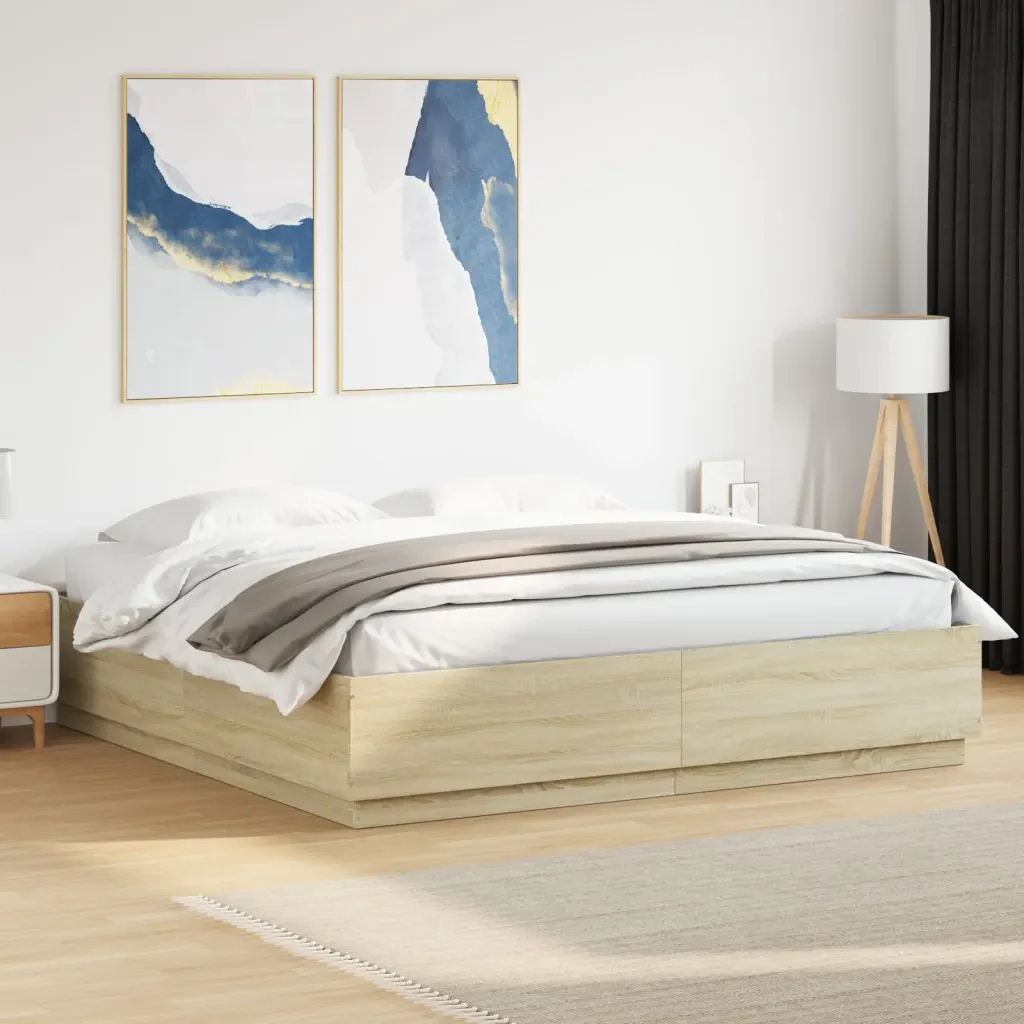 Letto matrimoniale | Letto per adulti | Giroletto Cassetti Luci LED Sonoma 200x200 cm Legno Multistrato - Image 2