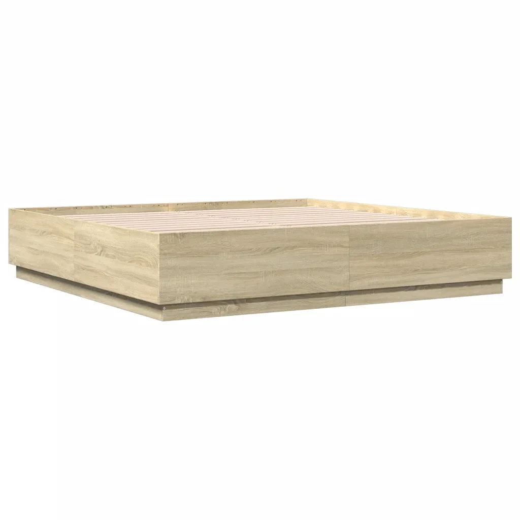 Letto matrimoniale | Letto per adulti | Giroletto Cassetti Luci LED Sonoma 200x200 cm Legno Multistrato - Image 3