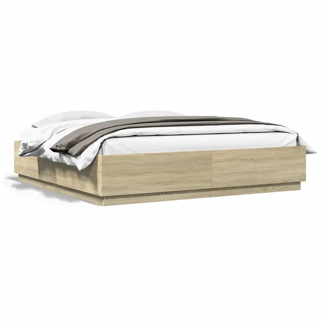 Letto matrimoniale | Letto per adulti | Giroletto Cassetti Luci LED Sonoma 200x200 cm Legno Multistrato - Image 5