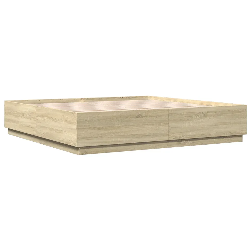 Letto matrimoniale | Letto per adulti | Giroletto Cassetti Luci LED Sonoma 200x200 cm Legno Multistrato - Image 8