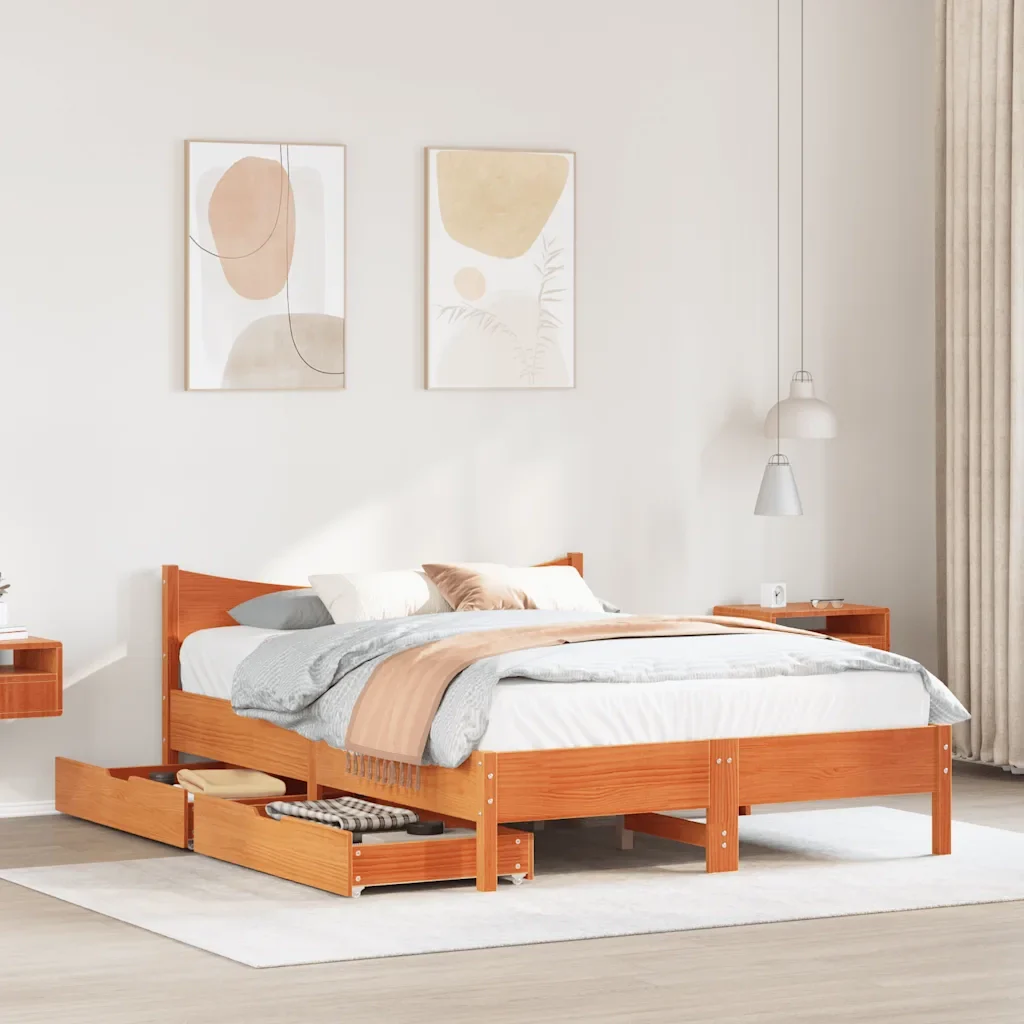 Letto matrimoniale | Letto per adulti | Giroletto Cassetti Marrone Cera 120x200 cm Legno Massello Pino - Image 4