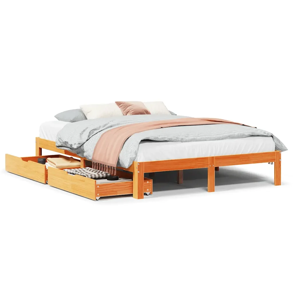 Letto matrimoniale | Letto per adulti | Giroletto Cassetti Marrone Cera 135x190 cm Legno Massello Pino