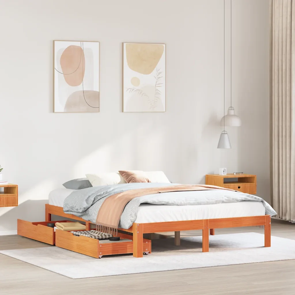 Letto matrimoniale | Letto per adulti | Giroletto Cassetti Marrone Cera 135x190 cm Legno Massello Pino - Image 2