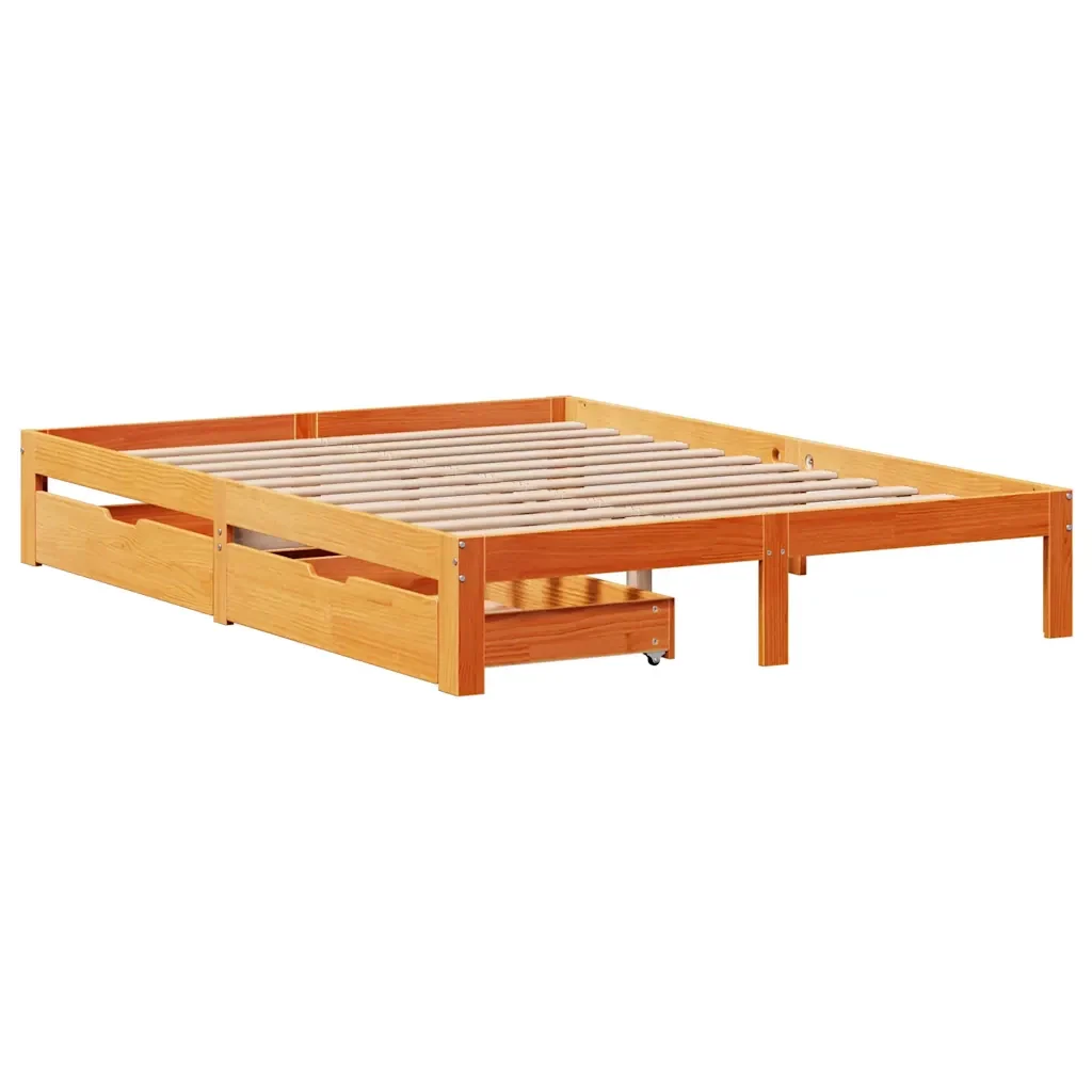Letto matrimoniale | Letto per adulti | Giroletto Cassetti Marrone Cera 135x190 cm Legno Massello Pino - Image 3