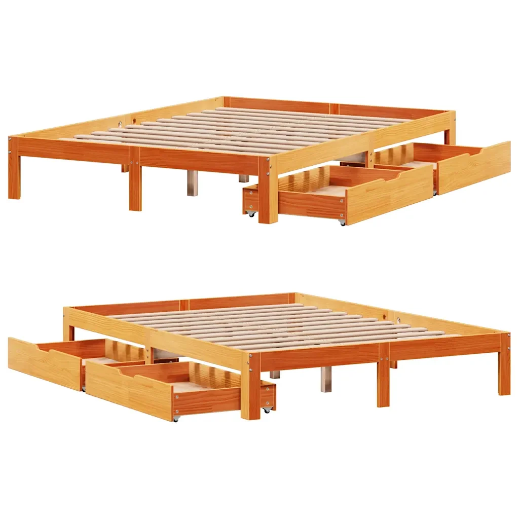 Letto matrimoniale | Letto per adulti | Giroletto Cassetti Marrone Cera 140x190 cm Legno Massello Pino - Image 9