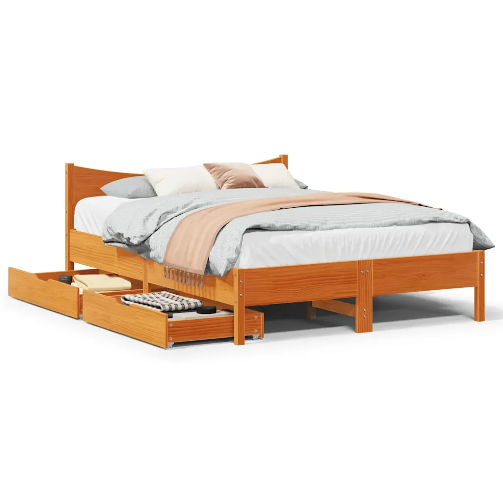 Letto matrimoniale | Letto per adulti | Giroletto Cassetti Marrone Cera 140x190 cm Legno Massello Pino - Image 2
