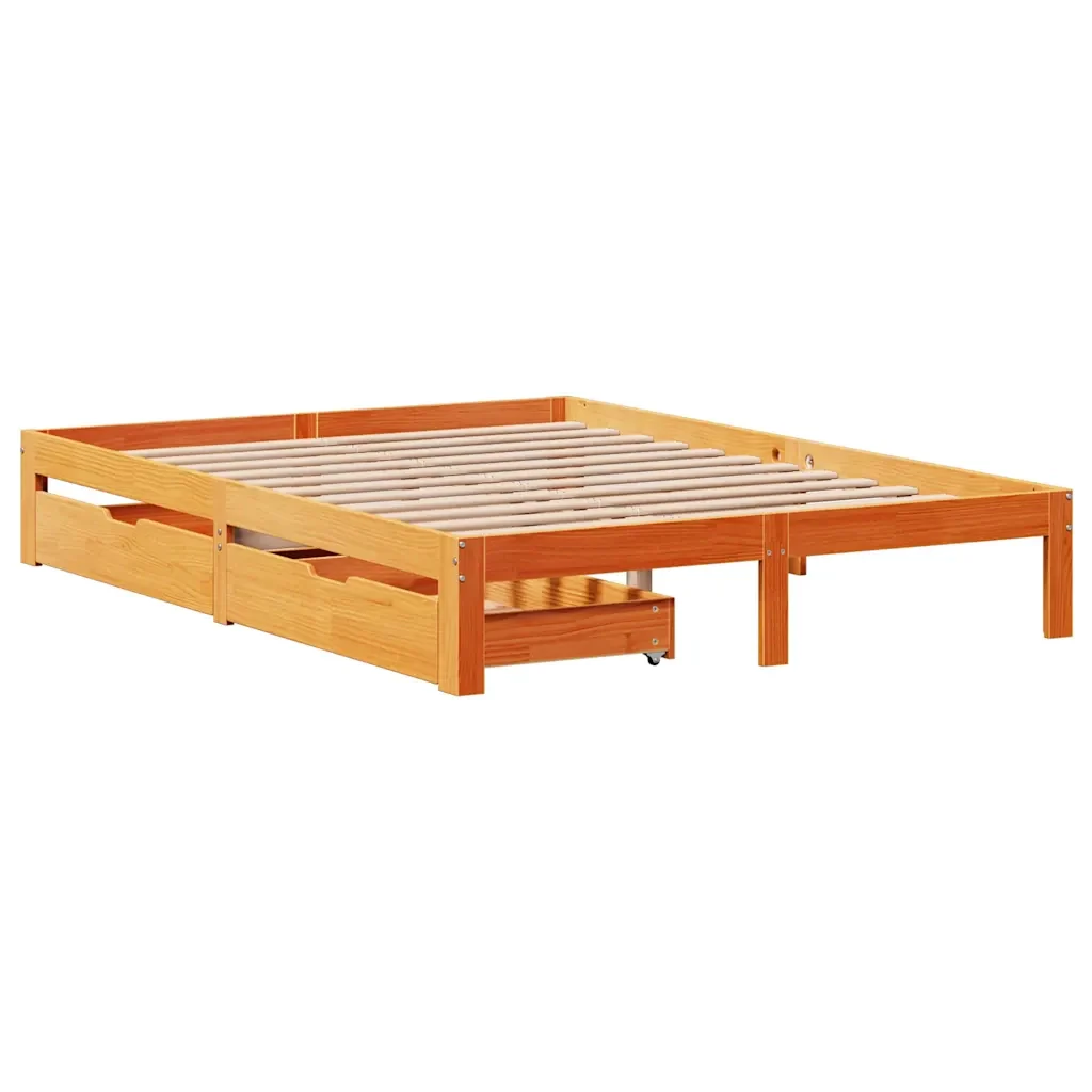 Letto matrimoniale | Letto per adulti | Giroletto Cassetti Marrone Cera 140x200 cm Legno Massello Pino - Image 4