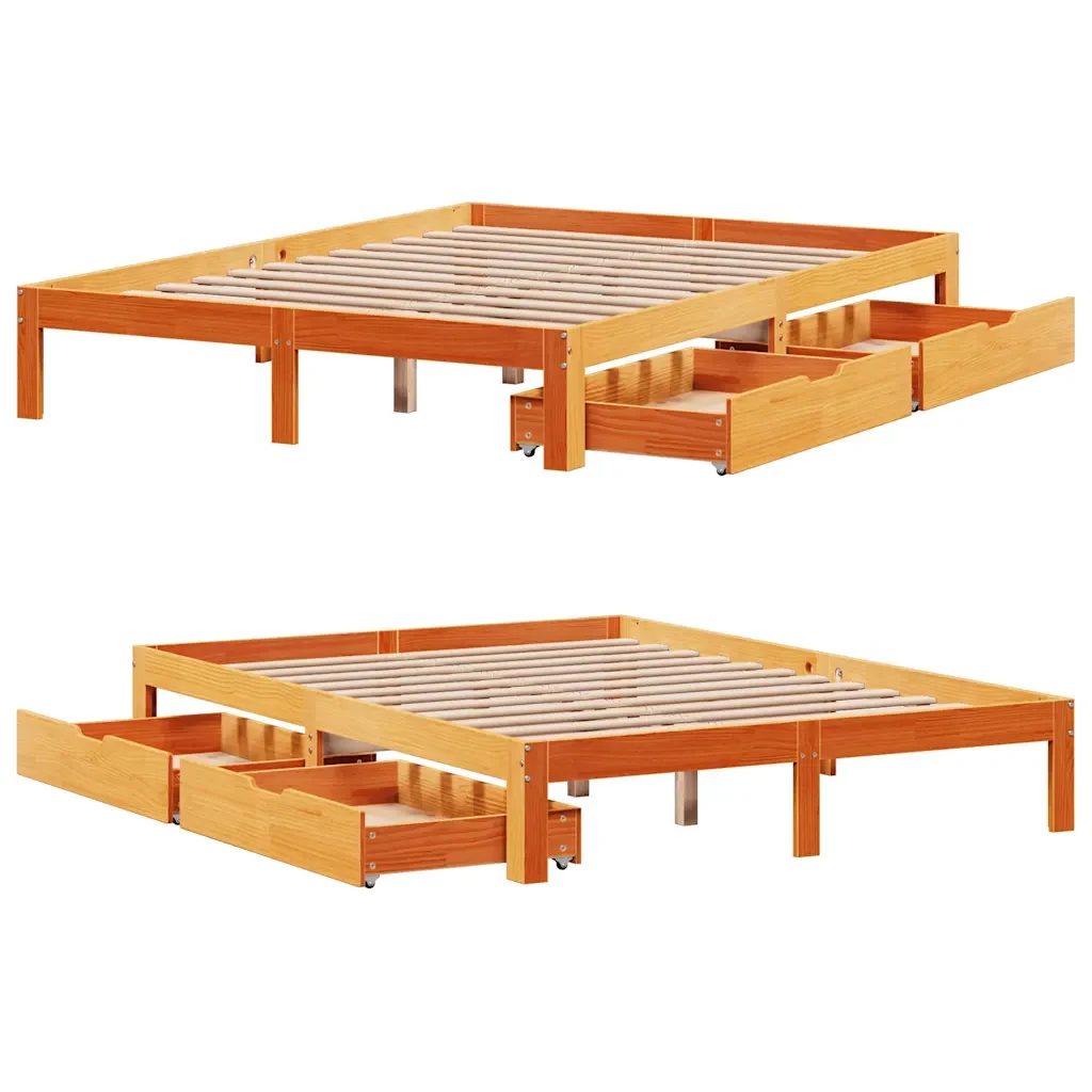 Letto matrimoniale | Letto per adulti | Giroletto Cassetti Marrone Cera 140x200 cm Legno Massello Pino - Image 9