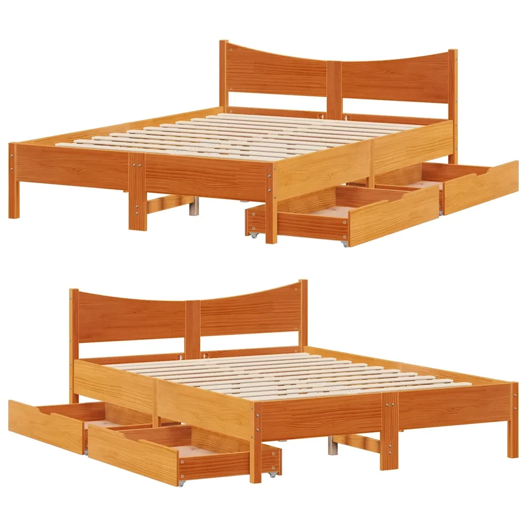 Letto matrimoniale | Letto per adulti | Giroletto Cassetti Marrone Cera 140x200 cm Legno Massello Pino - Image 9