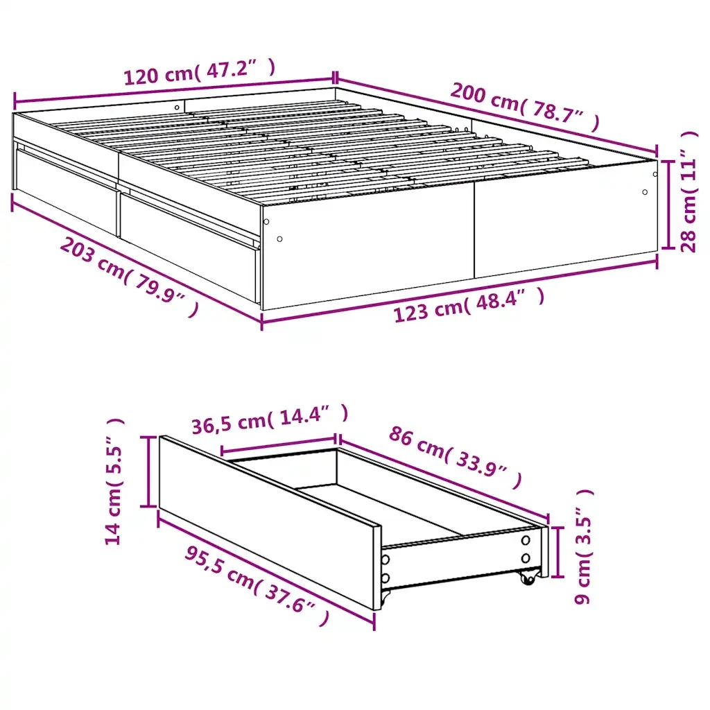 Letto matrimoniale | Letto per adulti | Giroletto Cassetti Rovere Sonoma 120x200 cm Legno Multistrato - Image 10