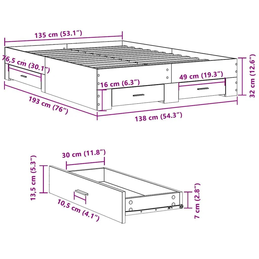 Letto matrimoniale | Letto per adulti | Giroletto Cassetti Rovere Sonoma 135x190 cm Legno Multistrato - Image 10