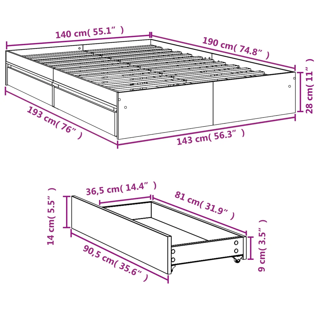 Letto matrimoniale | Letto per adulti | Giroletto Cassetti Rovere Sonoma 140x190 cm Legno Multistrato - Image 10