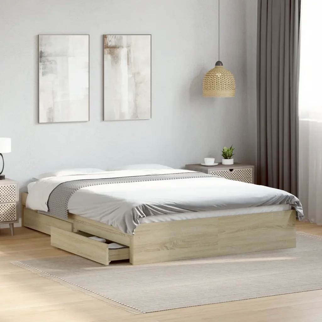 Letto matrimoniale | Letto per adulti | Giroletto Cassetti Rovere Sonoma 140x190 cm Legno Multistrato - Image 2