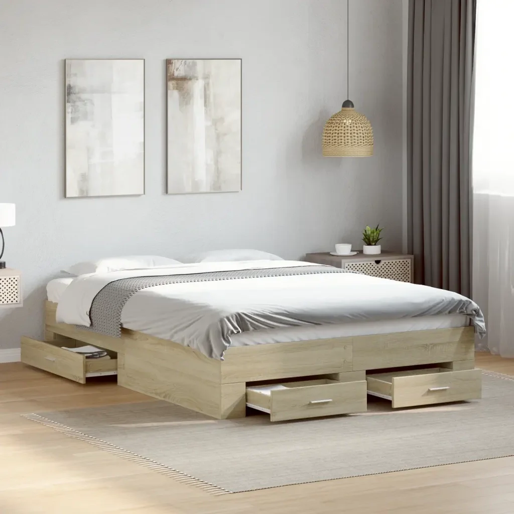 Letto matrimoniale | Letto per adulti | Giroletto Cassetti Rovere Sonoma 140x190 cm Legno Multistrato - Image 2