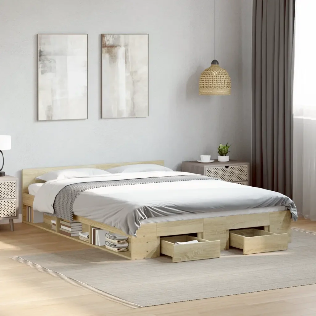 Letto matrimoniale | Letto per adulti | Giroletto Cassetti Rovere Sonoma 140x200 cm Legno Multistrato - Image 2