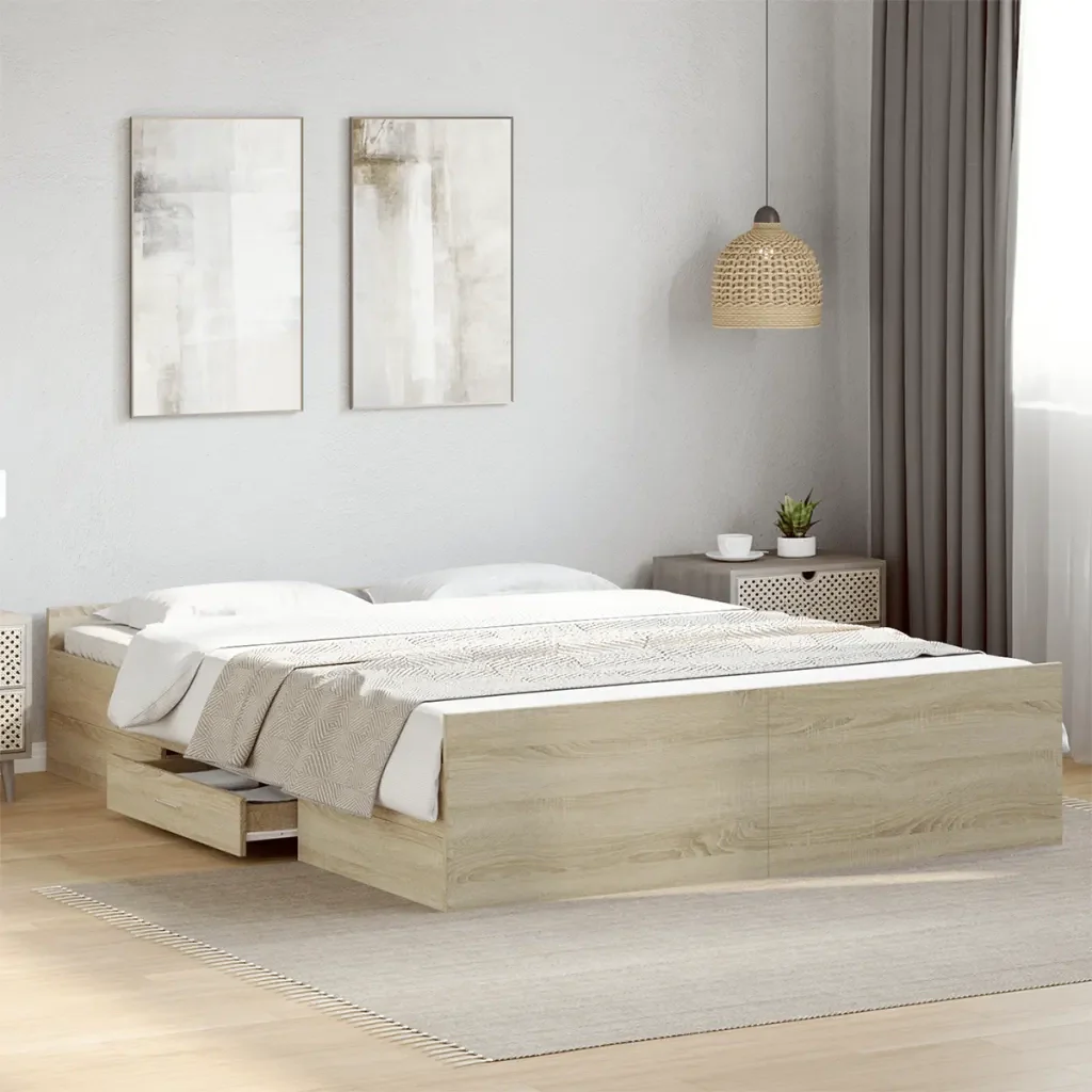 Letto matrimoniale | Letto per adulti | Giroletto Cassetti Rovere Sonoma 150x200 cm Legno Multistrato - Image 2