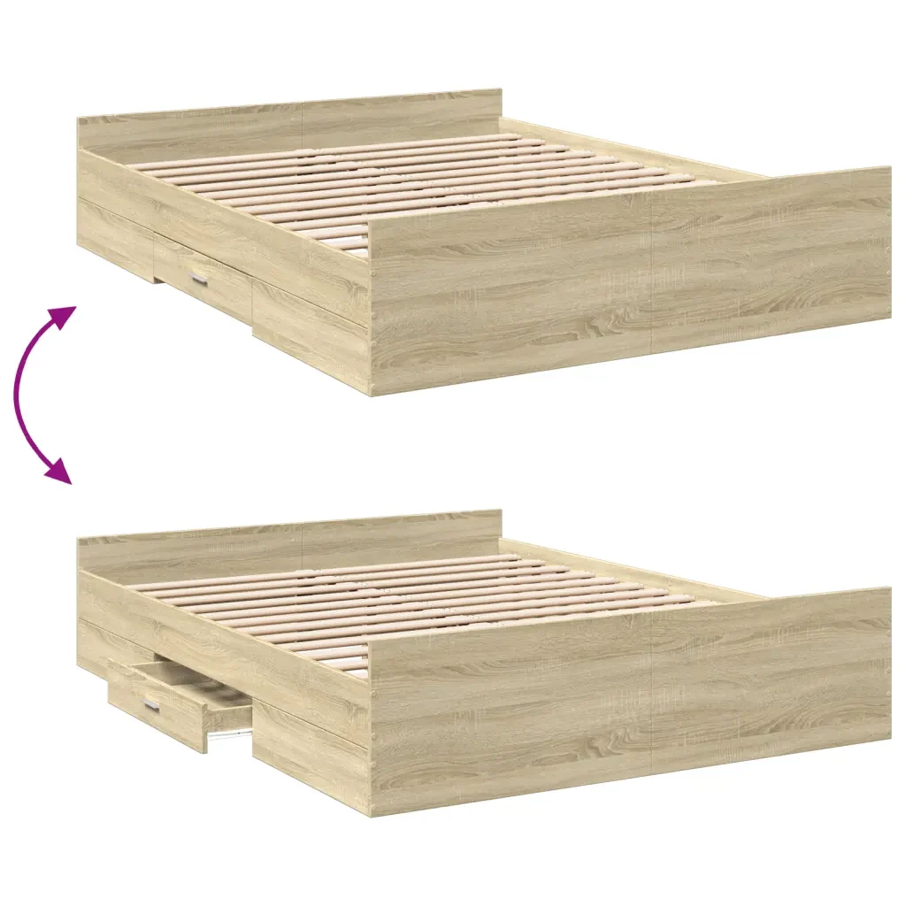 Letto matrimoniale | Letto per adulti | Giroletto Cassetti Rovere Sonoma 150x200 cm Legno Multistrato - Image 7