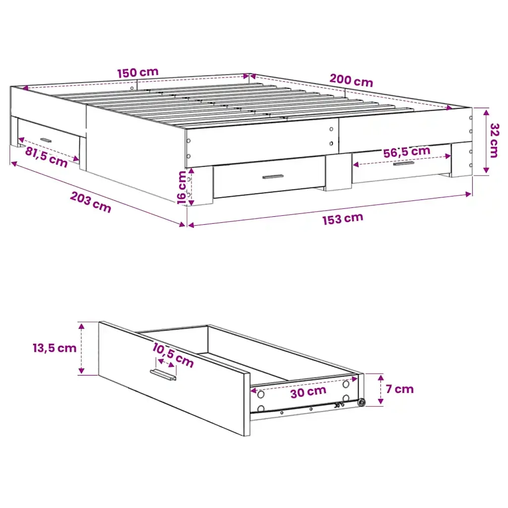Letto matrimoniale | Letto per adulti | Giroletto Cassetti Rovere Sonoma 150x200 cm Legno Multistrato - Image 10