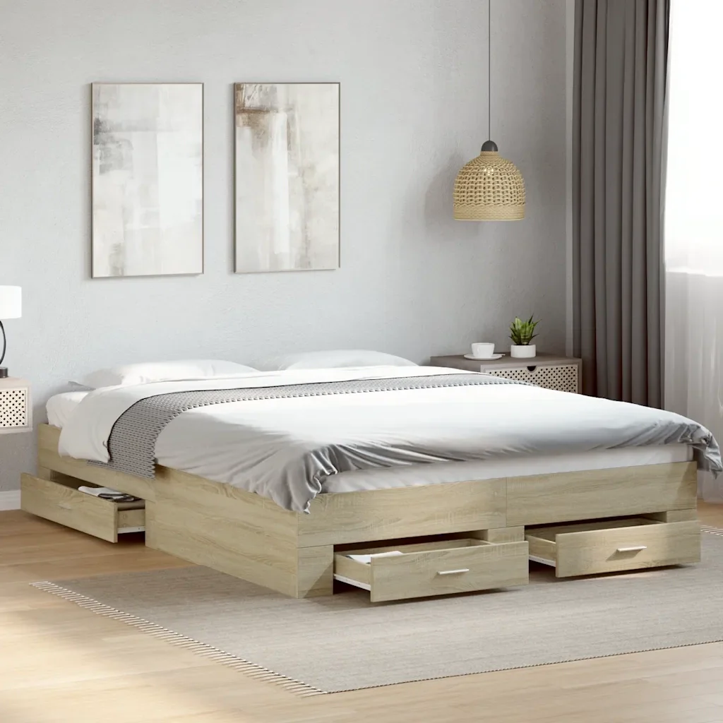 Letto matrimoniale | Letto per adulti | Giroletto Cassetti Rovere Sonoma 150x200 cm Legno Multistrato - Image 2