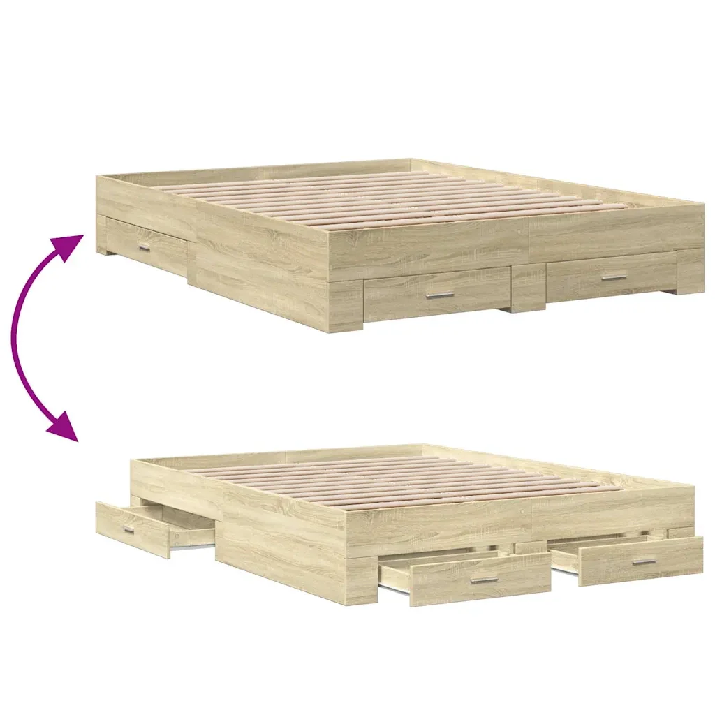 Letto matrimoniale | Letto per adulti | Giroletto Cassetti Rovere Sonoma 150x200 cm Legno Multistrato - Image 7