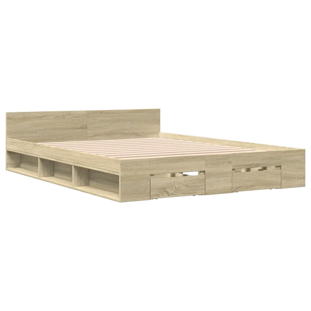Letto matrimoniale | Letto per adulti | Giroletto Cassetti Rovere Sonoma 150x200 cm Legno Multistrato - Image 3