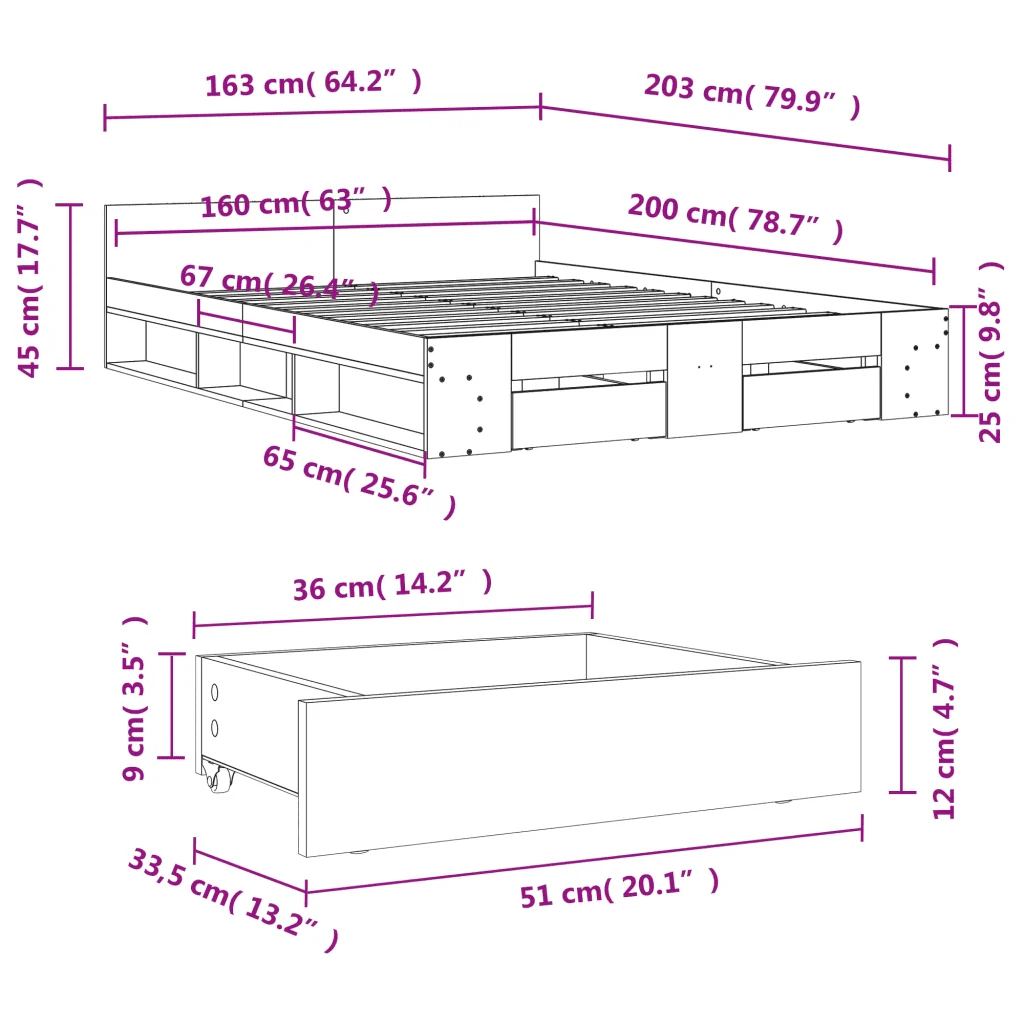 Letto matrimoniale | Letto per adulti | Giroletto Cassetti Rovere Sonoma 160x200 cm Legno Multistrato - Image 10