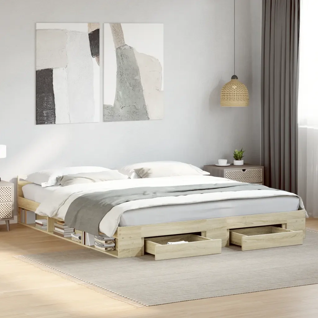Letto matrimoniale | Letto per adulti | Giroletto Cassetti Rovere Sonoma 180x200 cm Legno Multistrato - Image 2