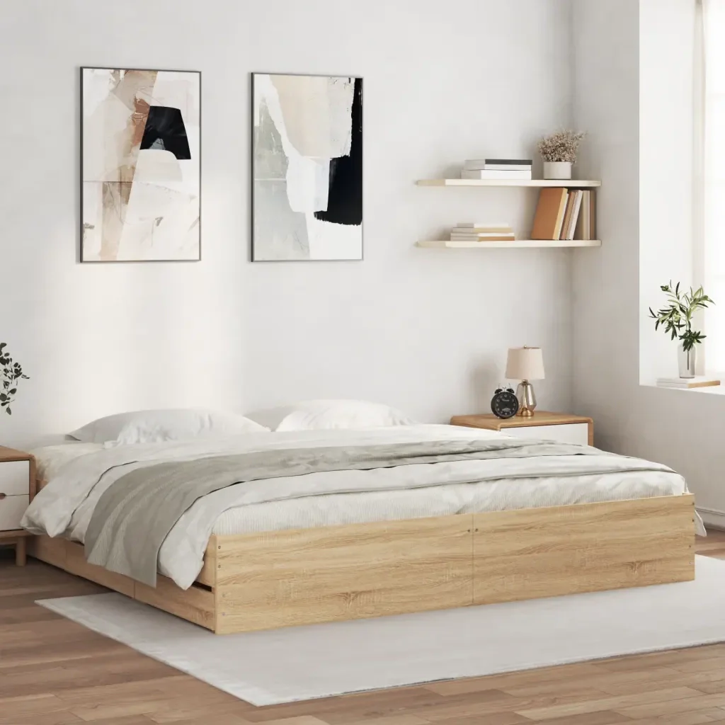 Letto matrimoniale | Letto per adulti | Giroletto Cassetti Rovere Sonoma 200x200 cm Legno Multistrato - Image 2