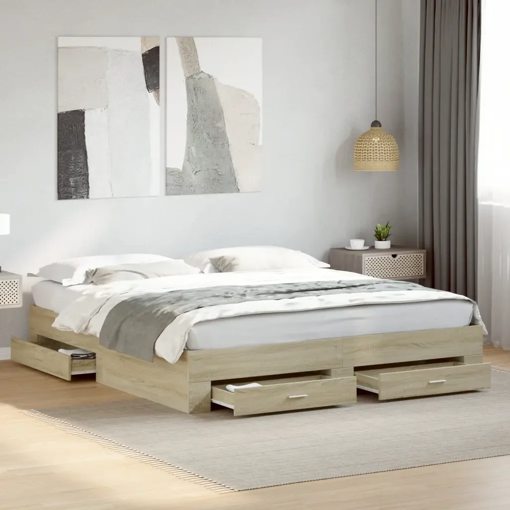 Letto matrimoniale | Letto per adulti | Giroletto Cassetti Rovere Sonoma 200x200 cm Legno Multistrato - Image 2