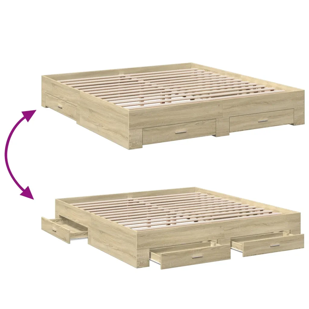 Letto matrimoniale | Letto per adulti | Giroletto Cassetti Rovere Sonoma 200x200 cm Legno Multistrato - Image 7