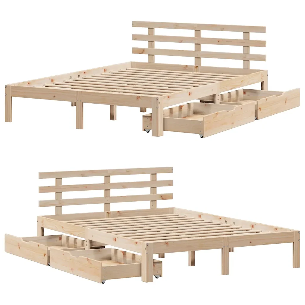 Letto matrimoniale | Letto per adulti | Giroletto con Cassetti 120x190 cm in Legno Massello di Pino - Image 9