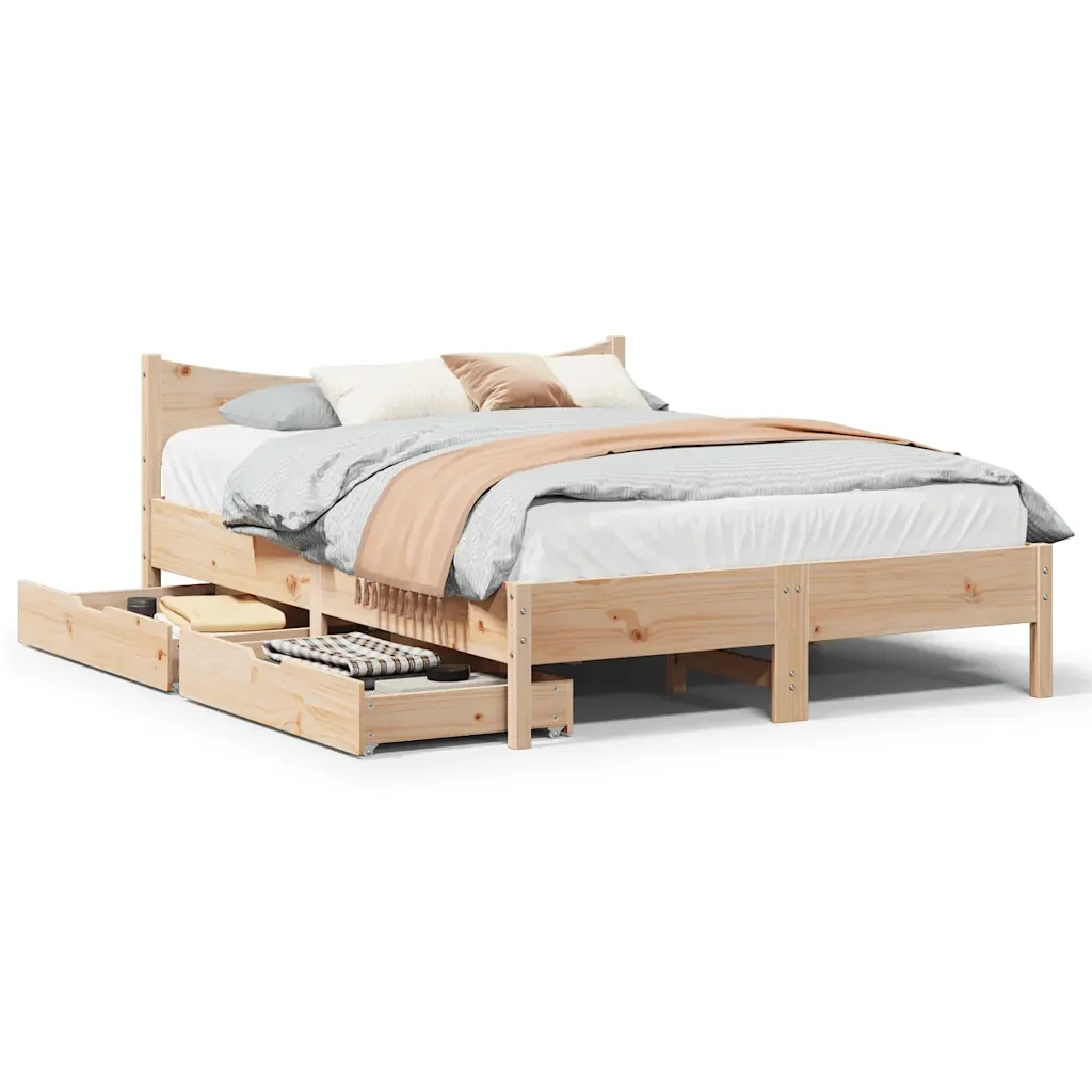 Letto matrimoniale | Letto per adulti | Giroletto con Cassetti 135x190 cm in Legno Massello di Pino - Image 2