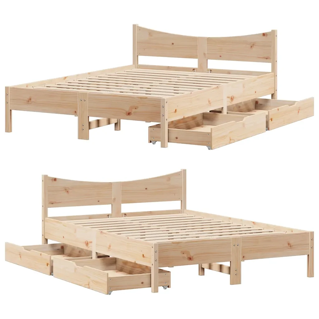 Letto matrimoniale | Letto per adulti | Giroletto con Cassetti 135x190 cm in Legno Massello di Pino - Image 9