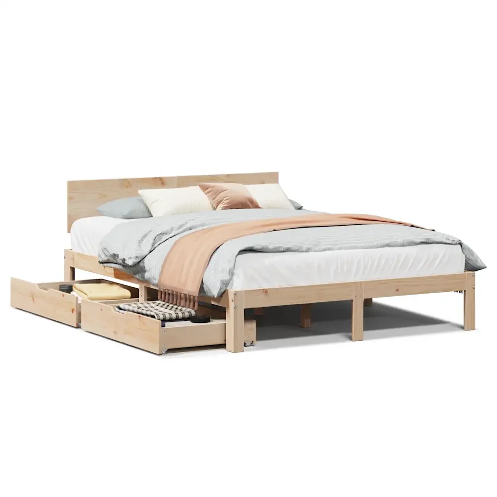 Letto matrimoniale | Letto per adulti | Giroletto con Cassetti 140x200 cm in Legno Massello di Pino