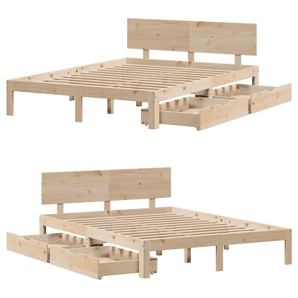 Letto matrimoniale | Letto per adulti | Giroletto con Cassetti 140x200 cm in Legno Massello di Pino - Image 9