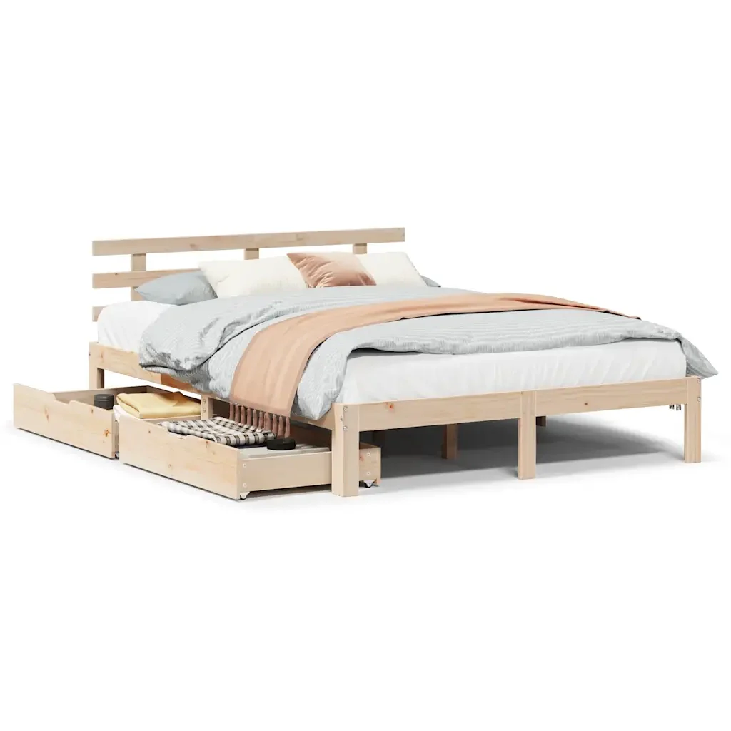 Letto matrimoniale | Letto per adulti | Giroletto con Cassetti 160x200 cm in Legno Massello di Pino