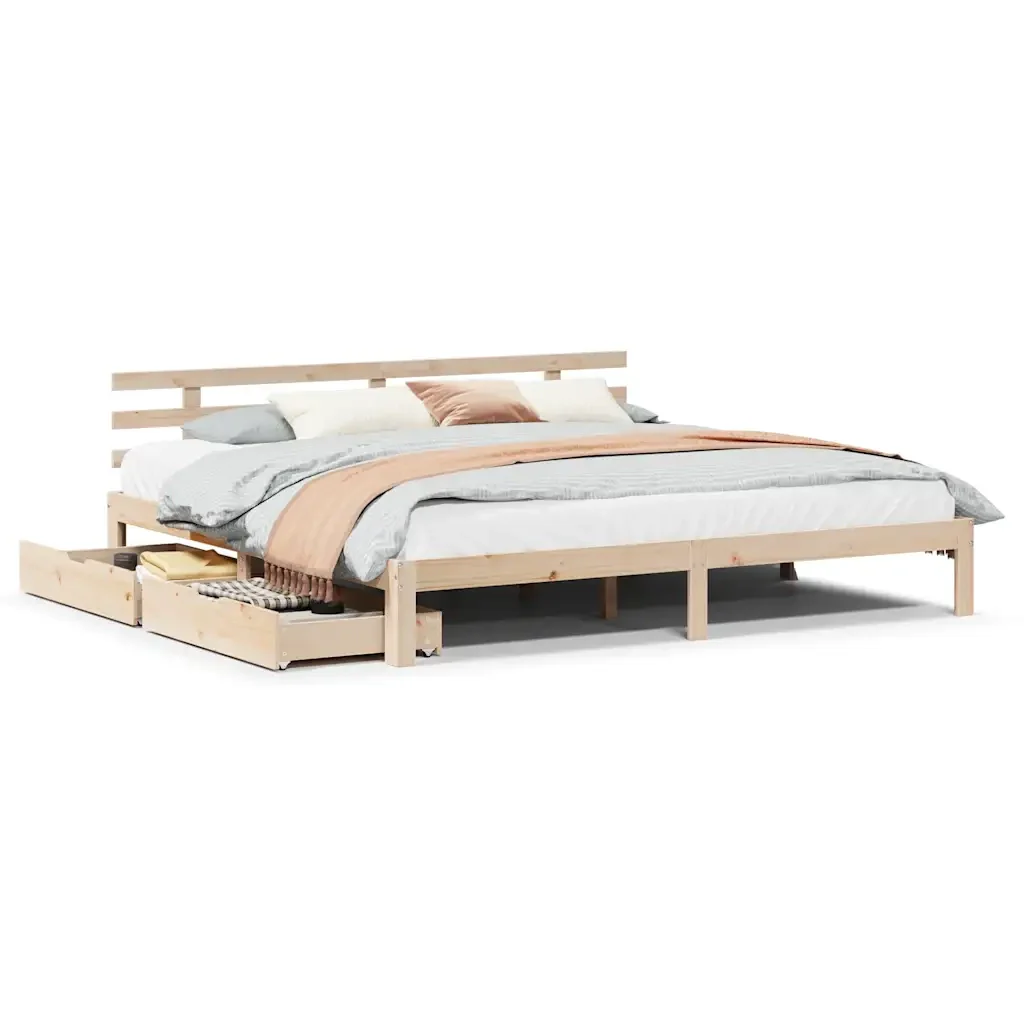Letto matrimoniale | Letto per adulti | Giroletto con Cassetti 200x200 cm in Legno Massello di Pino