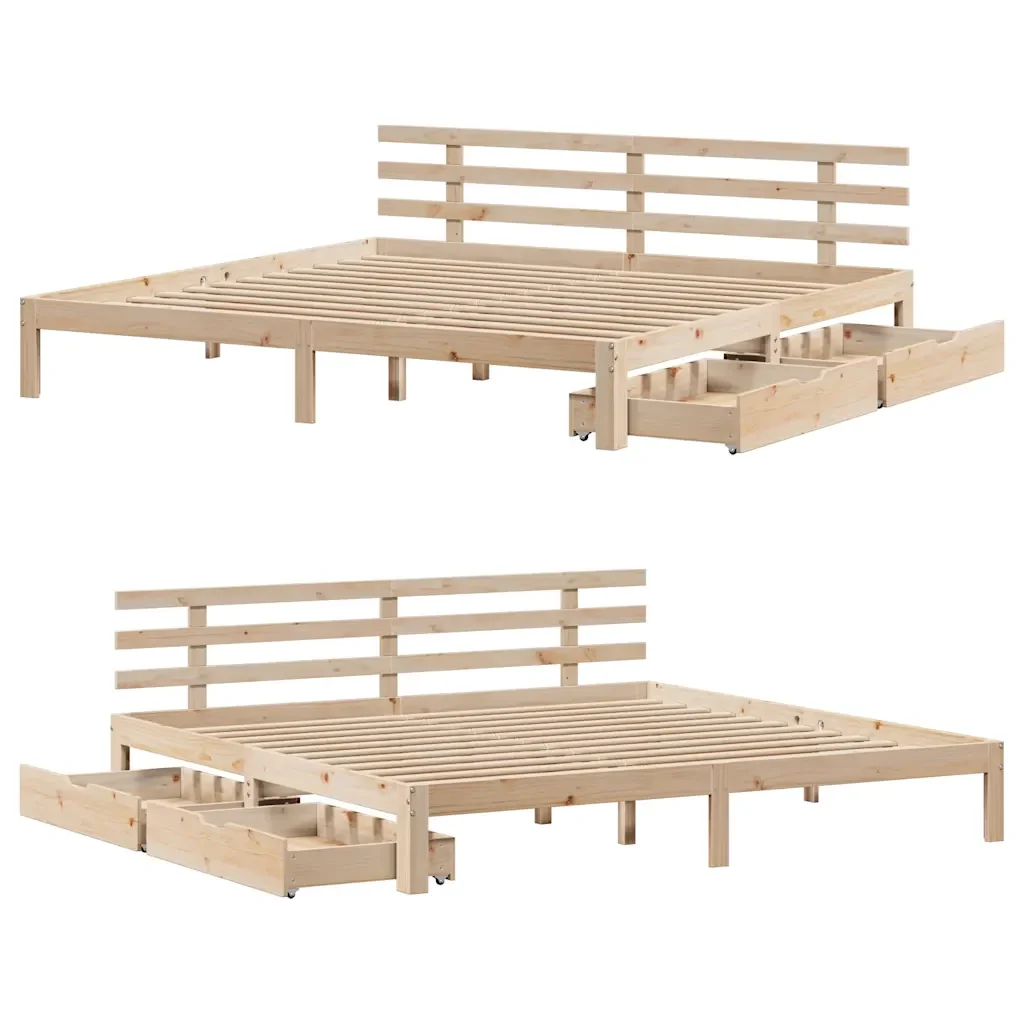 Letto matrimoniale | Letto per adulti | Giroletto con Cassetti 200x200 cm in Legno Massello di Pino - Image 9