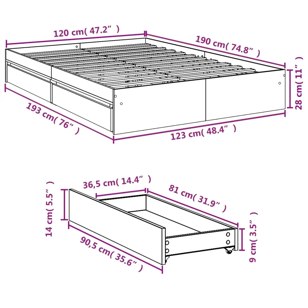 Letto matrimoniale | Letto per adulti | Giroletto con Cassetti Bianco 120x190 cm in Legno Multistrato - Image 10