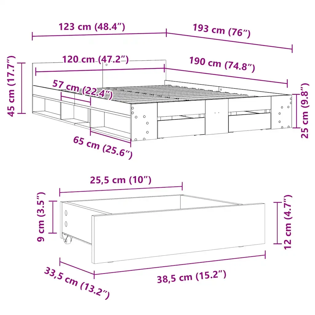 Letto matrimoniale | Letto per adulti | Giroletto con Cassetti Bianco 120x190 cm in Legno Multistrato - Image 10