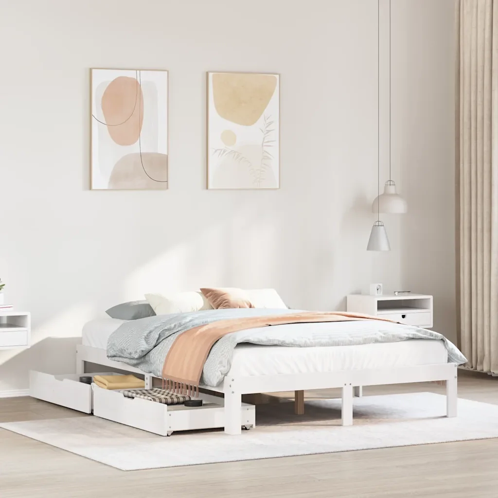Letto matrimoniale | Letto per adulti | Giroletto con Cassetti Bianco 120x190 cm Legno Massello di Pino - Image 2