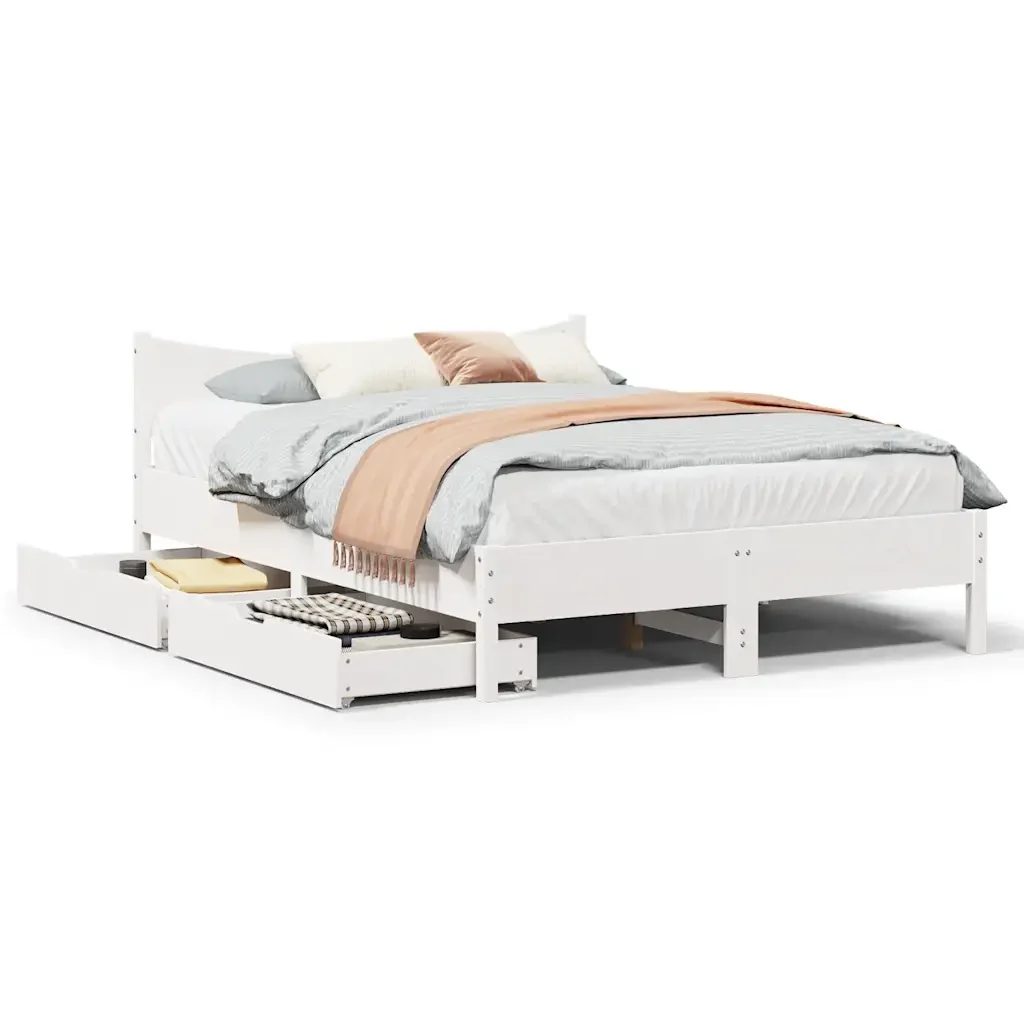 Letto matrimoniale | Letto per adulti | Giroletto con Cassetti Bianco 120x190 cm Legno Massello di Pino - Image 2