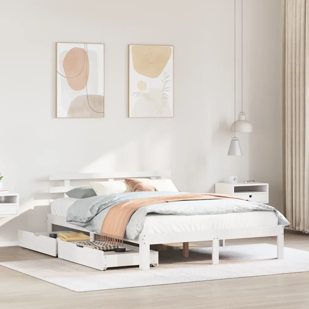 Letto matrimoniale | Letto per adulti | Giroletto con Cassetti Bianco 120x190 cm Legno Massello di Pino - Image 2