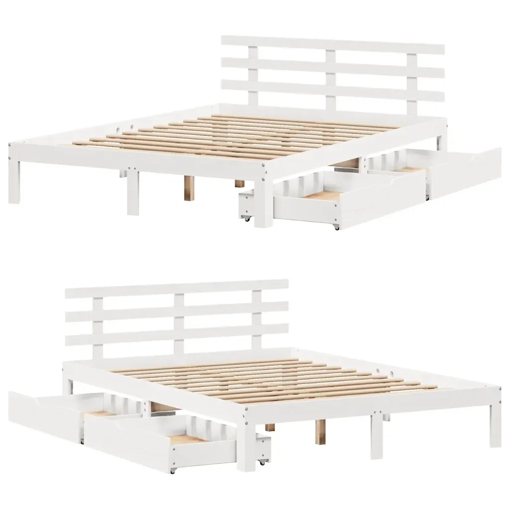 Letto matrimoniale | Letto per adulti | Giroletto con Cassetti Bianco 120x190 cm Legno Massello di Pino - Image 9